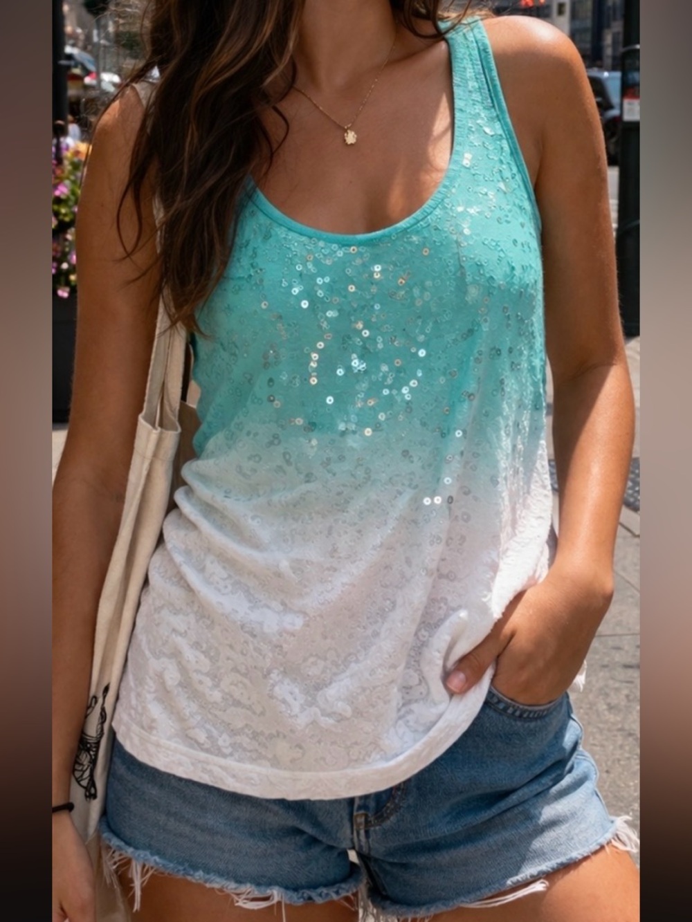 Old Navy Size Large Sequin Ombre Tank Top - Aqua White